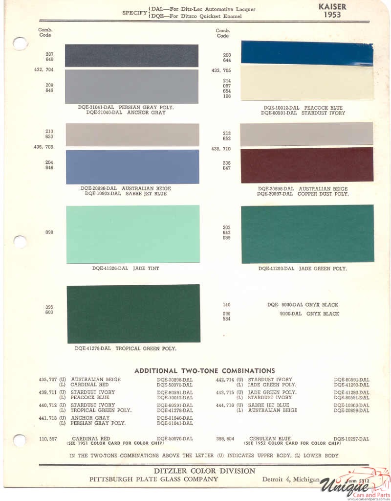 1953 Kaiser Paint Charts PPG 1